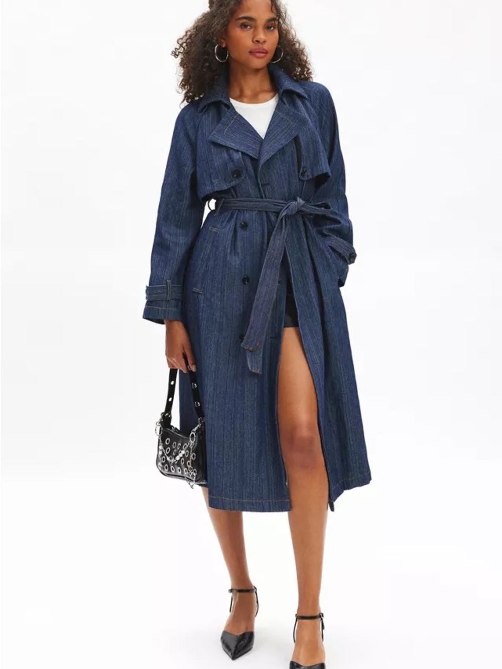 Dark Blue Denim-Style Double-Breasted Trench Coat - Picture 2 of 5
